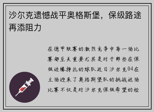 沙尔克遗憾战平奥格斯堡，保级路途再添阻力